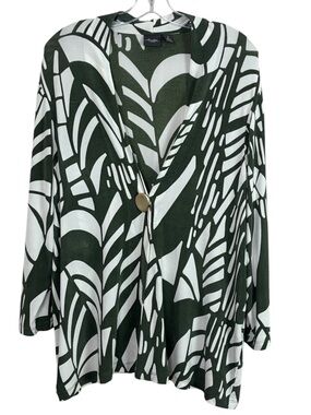 Chico’s Sz 3 Abstract Leaf-Print Green and White Women's Cardigan One Button XL